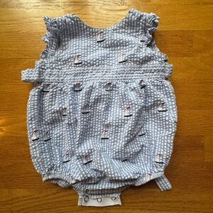 Classic Prep Blue Striped Embroidered Sailboat Romper